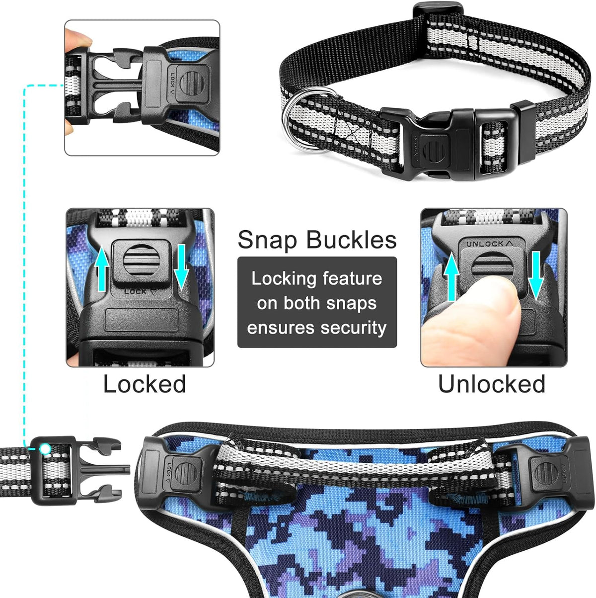 Adjustable No-Pull Dog Harness with Reflective Oxford Vest and Collar, Front/Back Leash Clips, Ideal for Small to Extra Large Dogs, Features Easy Control Handle for Outdoor Walks