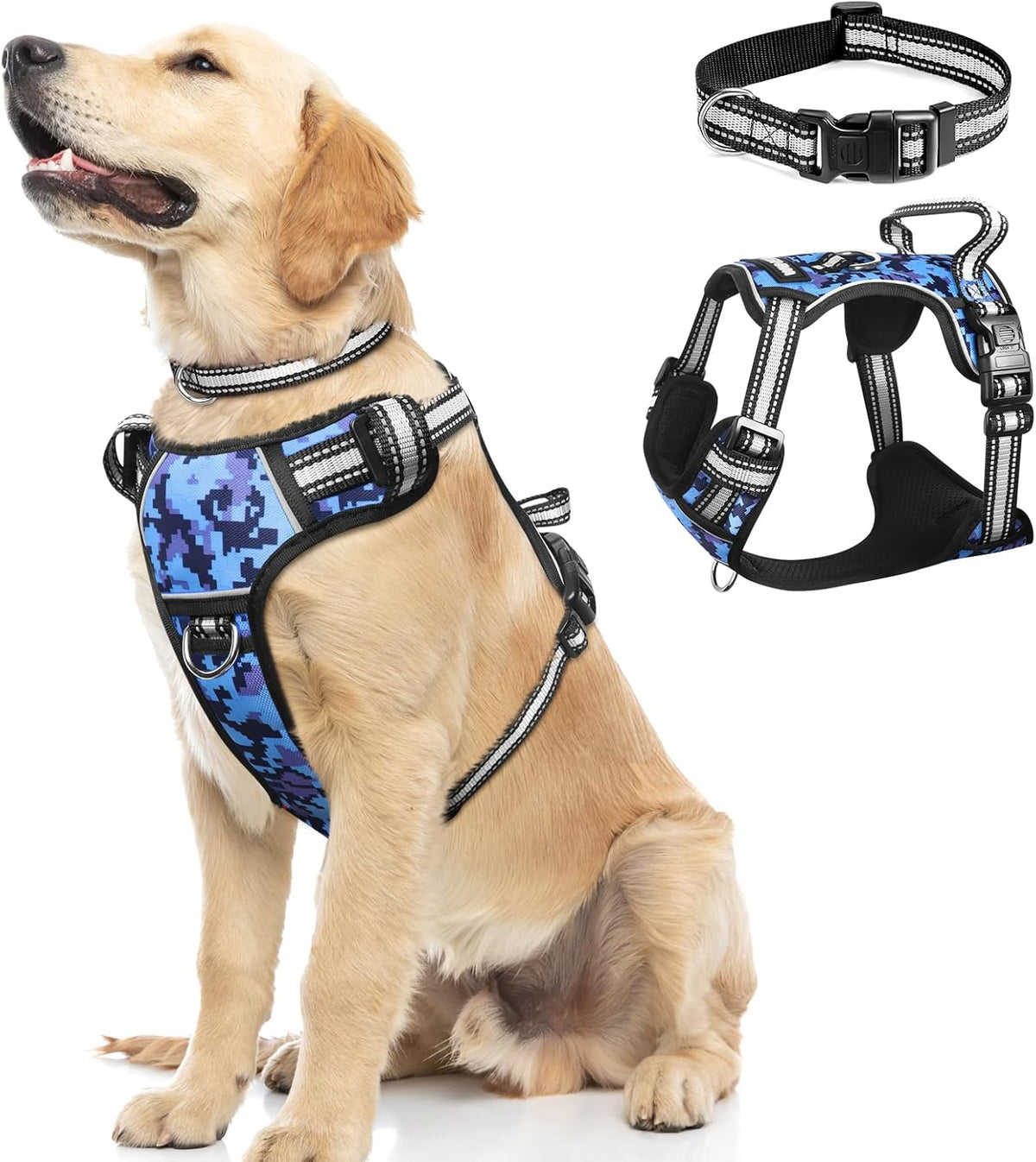 Adjustable No-Pull Dog Harness with Reflective Oxford Vest and Collar, Front/Back Leash Clips, Ideal for Small to Extra Large Dogs, Features Easy Control Handle for Outdoor Walks