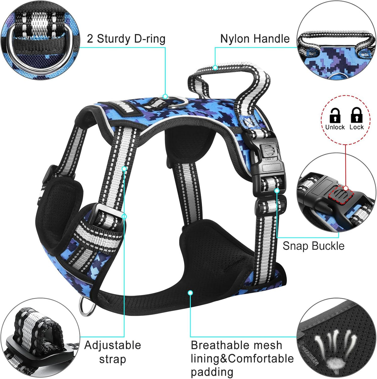 Adjustable No-Pull Dog Harness with Reflective Oxford Vest and Collar, Front/Back Leash Clips, Ideal for Small to Extra Large Dogs, Features Easy Control Handle for Outdoor Walks