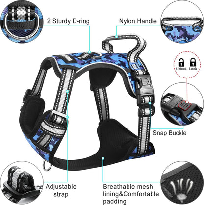 Adjustable No-Pull Dog Harness with Reflective Oxford Vest and Collar, Front/Back Leash Clips, Ideal for Small to Extra Large Dogs, Features Easy Control Handle for Outdoor Walks