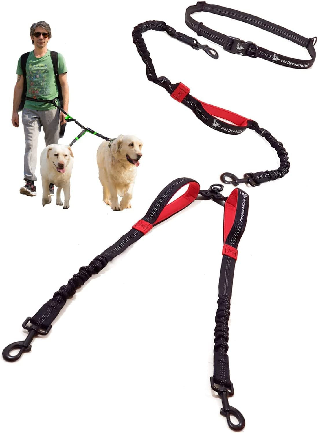Premium Hands-Free Double Dog Leash for Large Breeds - Tangle-Free Design in Black & Red