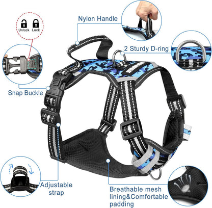 Adjustable No-Pull Dog Harness with Reflective Oxford Vest and Collar, Front/Back Leash Clips, Ideal for Small to Extra Large Dogs, Features Easy Control Handle for Outdoor Walks