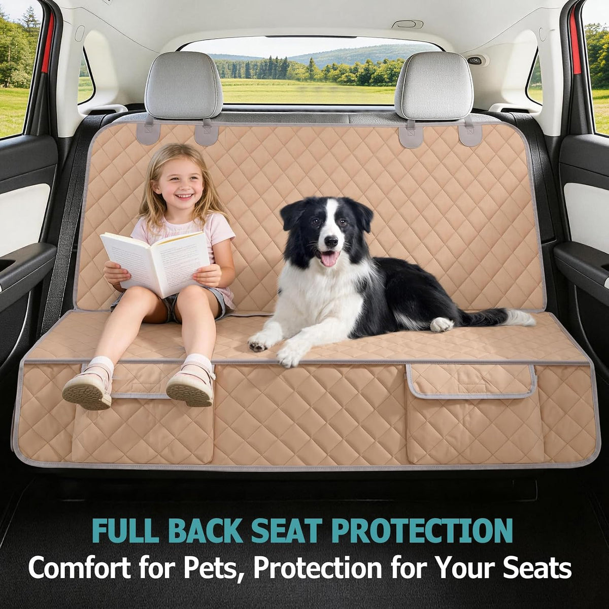 Waterproof Dog Car Seat Cover for Back Seat - Nonslip Protector for Kids, Universal Fit for Cars, Trucks, and SUVs (Beige)
